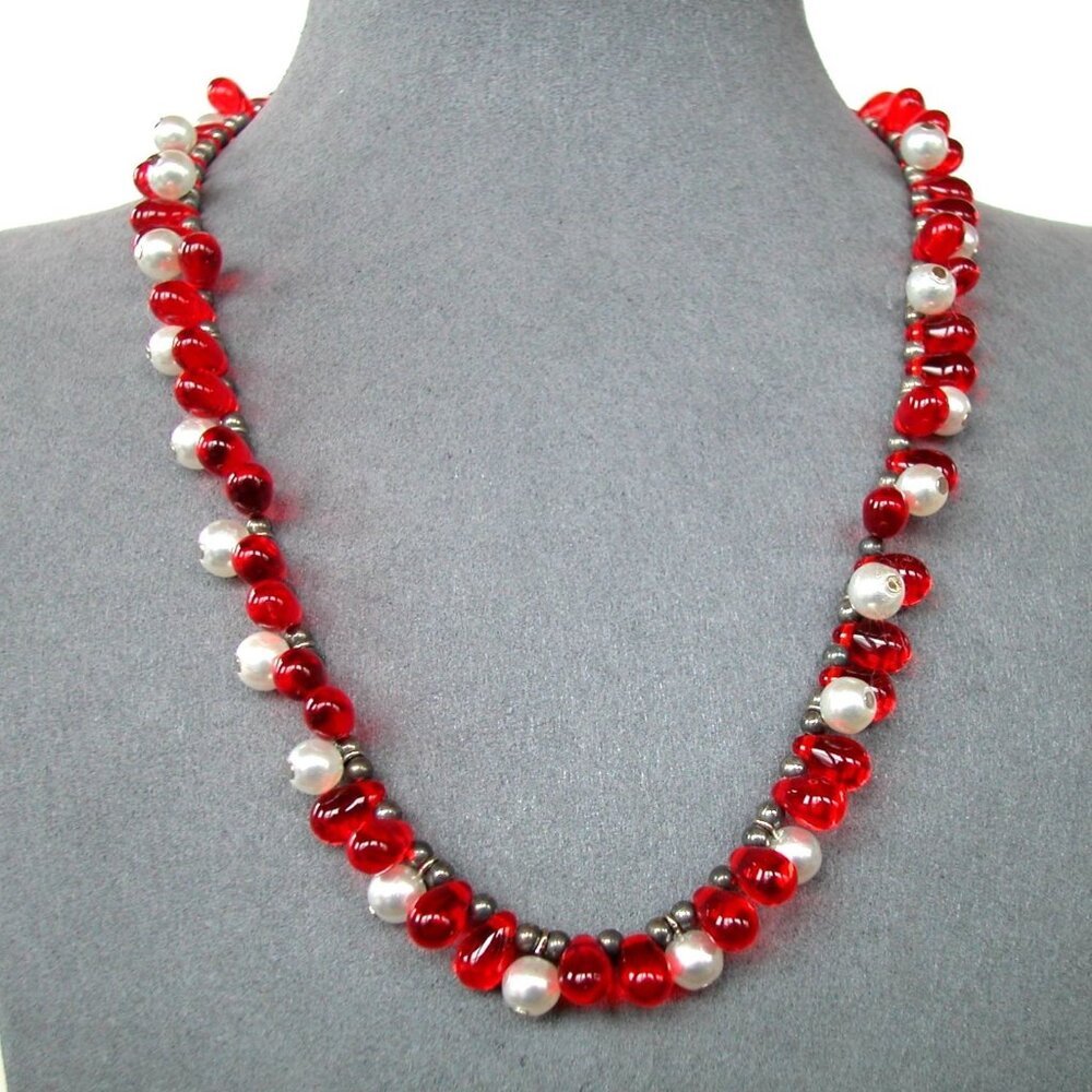 Vintage Red Glass & Faux Pearl Beaded Necklace With Magnetic Clasp